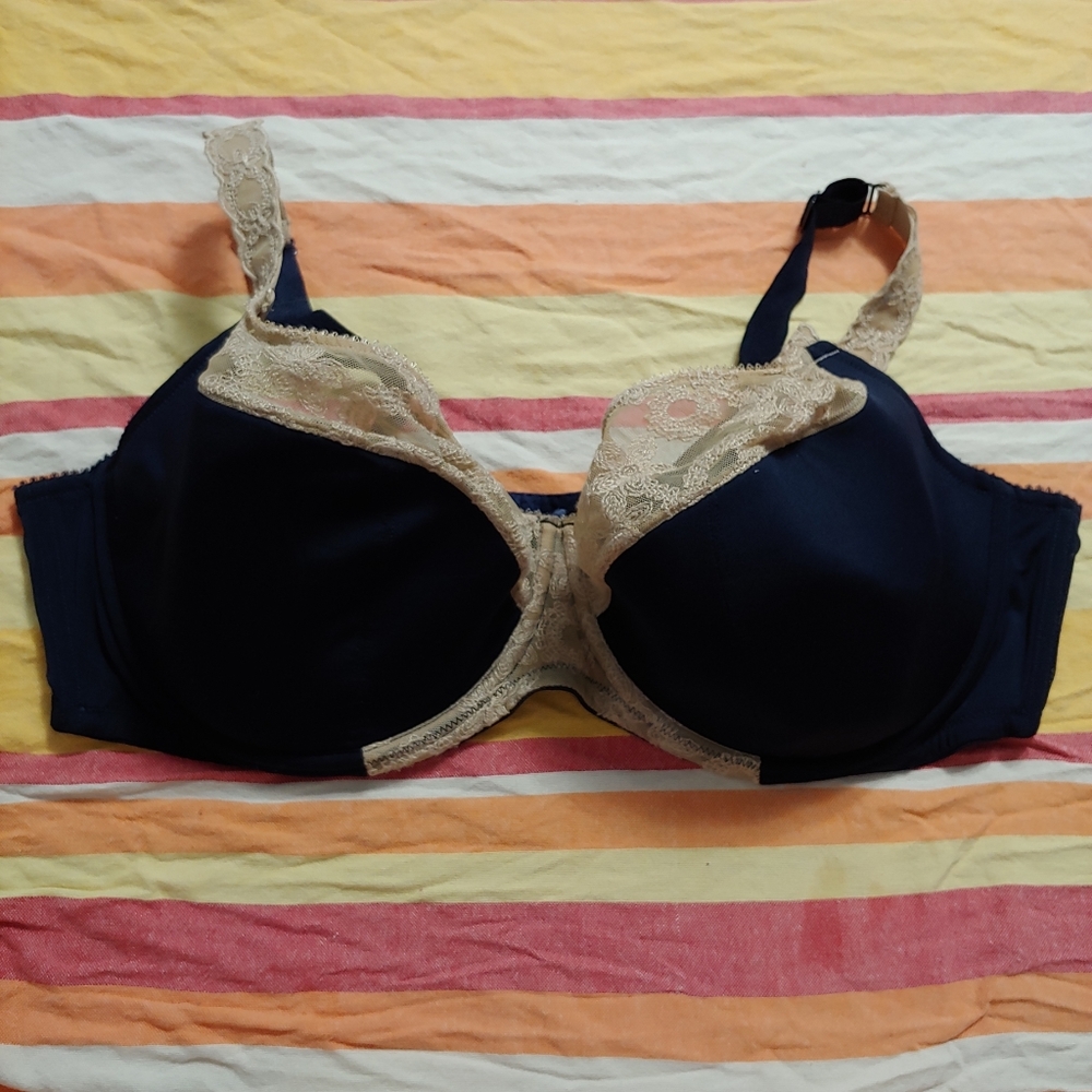 Cacique Navy Blue Beige Lace Balconette Bra 44DDD